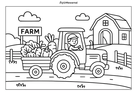 Gambar Mewarnai Traktor Mengangkut Hasil Panen