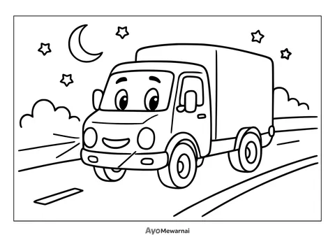 Gambar Mewarnai Truk di Malam Hari