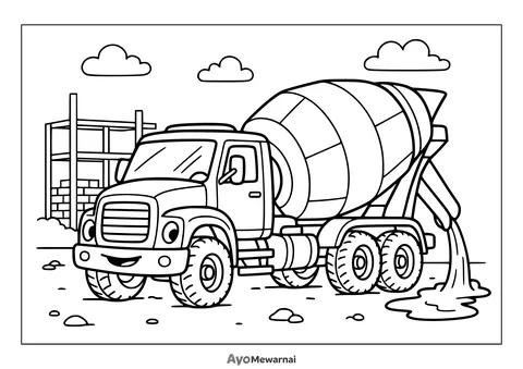 Gambar Mewarnai Truk Molen di Lokasi Konstruksi