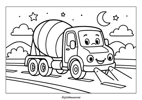 Gambar Mewarnai Truk Molen di Malam Hari