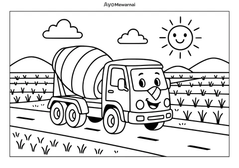 Gambar Mewarnai Truk Molen di Sawah