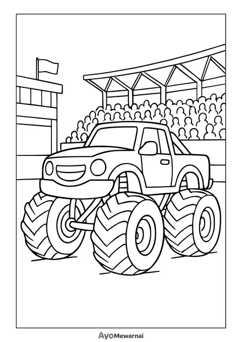 Gambar Mewarnai Truk Monster di Depan Stadion