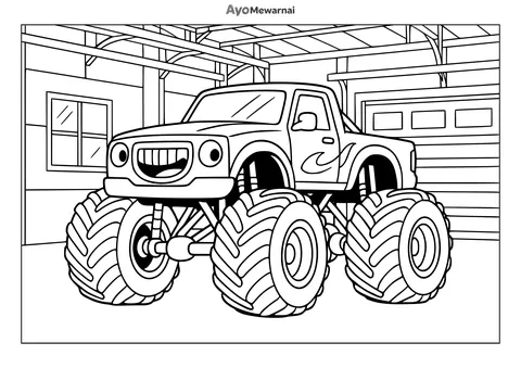Gambar Mewarnai Truk Monster di Garasi