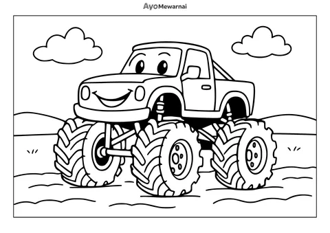 Gambar Mewarnai Truk Monster di Padang Rumput