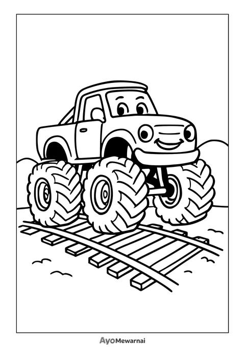 Gambar Mewarnai Truk Monster di Perlintasan Rel