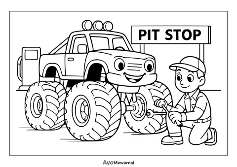 Gambar Mewarnai Truk Monster di Pit Stop