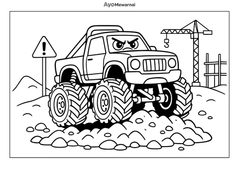 Gambar Mewarnai Truk Monster di Tempat Konstruksi