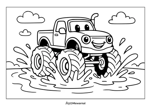 Gambar Mewarnai Truk Monster Mengendarai di Air