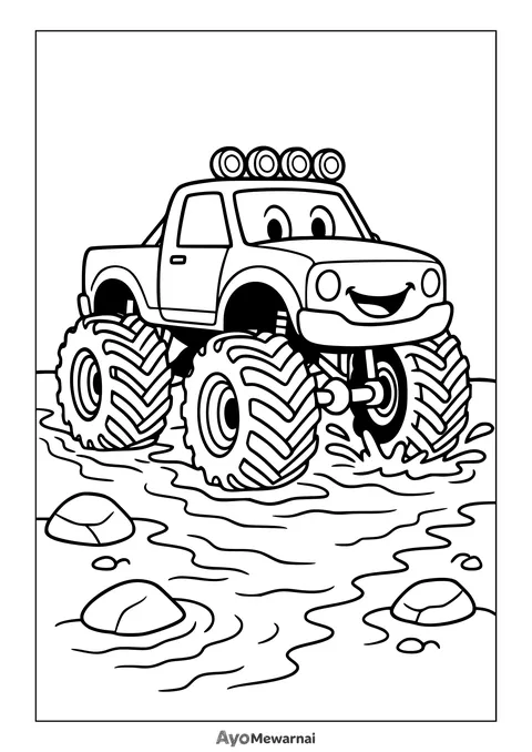 Gambar Mewarnai Truk Monster Menyeberang Sungai