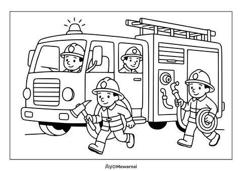 Gambar Mewarnai Truk Pemadam Kebakaran dan Petugas