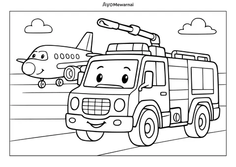 Gambar Mewarnai Truk Pemadam Kebakaran di Bandara
