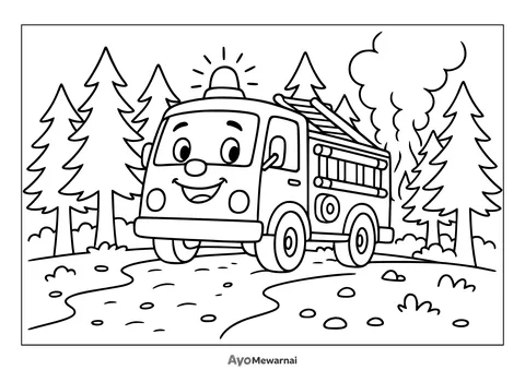 Gambar Mewarnai Truk Pemadam Kebakaran di Hutan