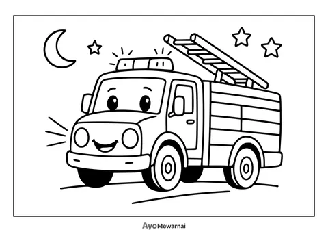 Gambar Mewarnai Truk Pemadam Kebakaran di Malam Hari