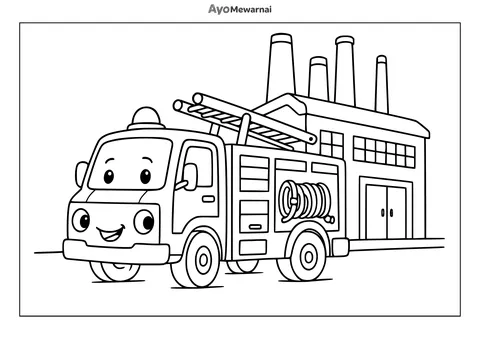 Gambar Mewarnai Truk Pemadam Kebakaran di Pabrik