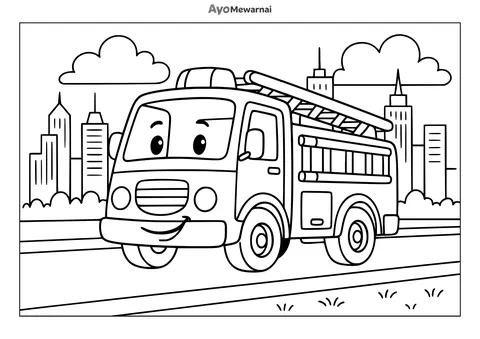 Gambar Mewarnai Truk Pemadam Kebakaran di Pemandangan Kota