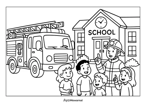 Gambar Mewarnai Truk Pemadam Kebakaran di Sekolah