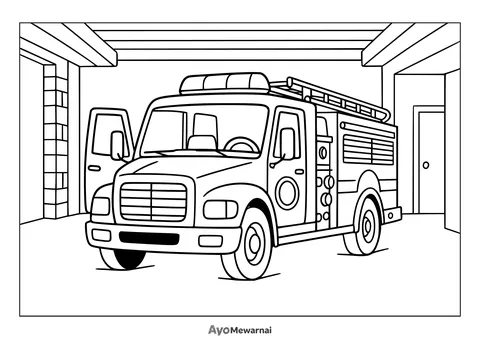 Gambar Mewarnai Truk Pemadam Kebakaran di Stasiun Pemadam
