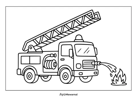 Gambar Mewarnai Truk Pemadam Kebakaran Memadamkan Api