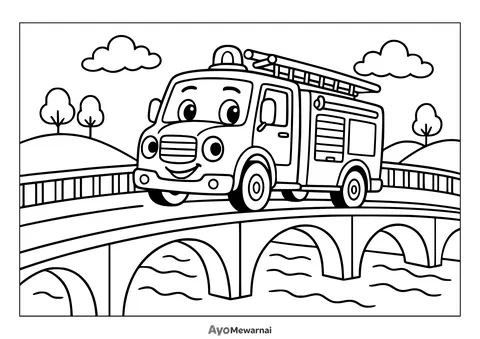 Gambar Mewarnai Truk Pemadam Kebakaran Menyeberang Jembatan