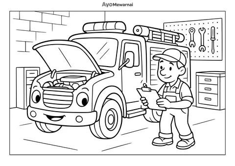 Gambar Mewarnai Truk Pemadam Kebakaran Sedang Diservis