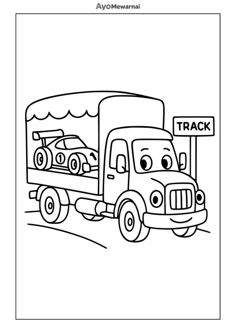 Gambar Mewarnai Truk Pengangkut Mobil Balap
