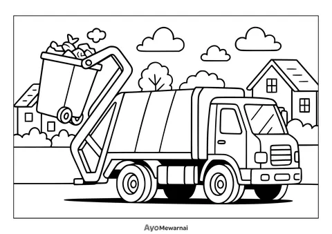 Gambar Mewarnai Truk Sampah di Lingkungan Perumahan