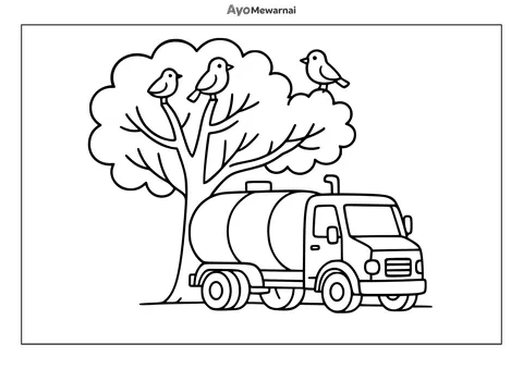 Gambar Mewarnai Truk Tangki di Bawah Pohon