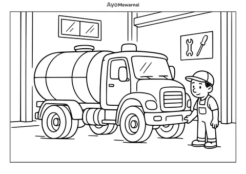 Gambar Mewarnai Truk Tangki di Bengkel