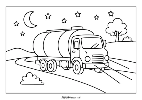 Gambar Mewarnai Truk Tangki di Malam Hari