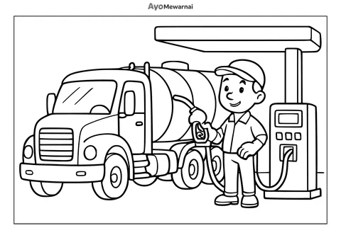 Gambar Mewarnai Truk Tangki di Pompa Bensin