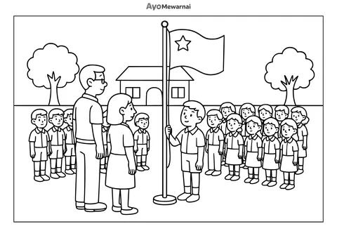 Gambar Mewarnai Upacara Bendera di Sekolah