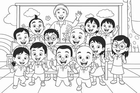 Gambar Mewarnai Upin Ipin dan Sahabat di Sekolah