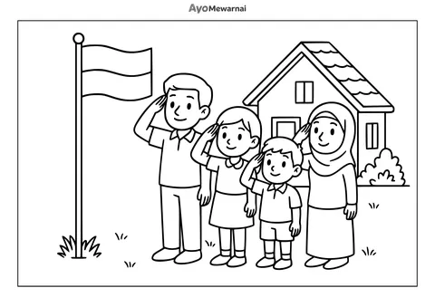Gambar Mewarnai Warga Menghormat Bendera Indonesia